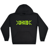 The BOSK Distortion Hoodie is a black cotton fleece piece featuring a bold, angular graffiti-style graphic in neon green across the chest. It has an oversized drop shoulder cut, front pouch pocket, and adjustable drawstring hood.